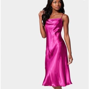 BEBE SATIN COWL NECK SLIP MIDI DRESS